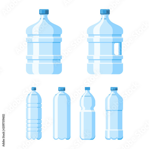 Plastic water bottle icon set for beverage packaging and Hydration. Flat design of plastic bottle.