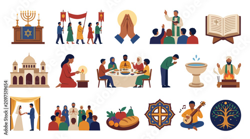 Religious Diversity Flat Vector Icons: Faith, Worship, and Cultural Practices Collection