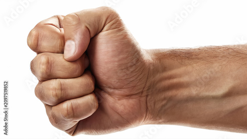 Clenched male fist isolated on white background for strength protest and power gesture