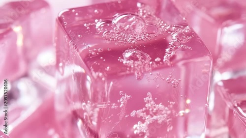 Extreme close up of translucent pink ice cube with delicate bubbles and frost texture illuminated by soft light creating abstract macro composition minimal aesthetic and fresh cooling concept studio