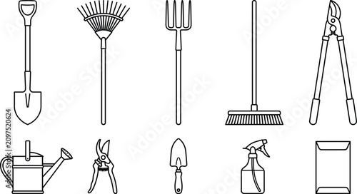 Canvastavla Gardening Tools Line Art Icon Set featuring Shovel, Rake, Pitchfork, Broom, Prun