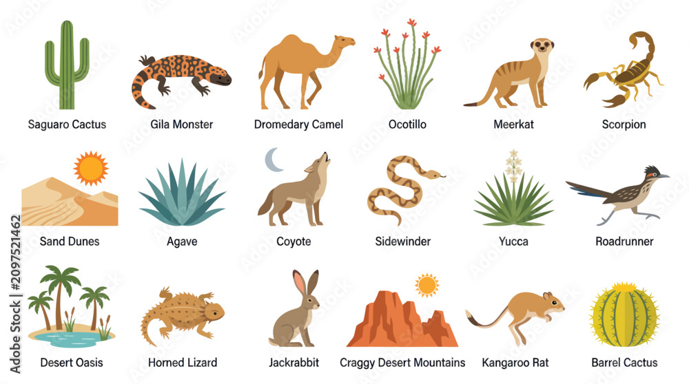 Obraz premium Desert Wildlife and Plants: Saguaro, Coyote, Scorpion, Camel, Lizard, Cactus, Flat Art