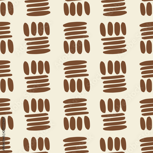 Quadro su tela Minimalist geometric seamless pattern with brown hand-drawn brush strokes on bei