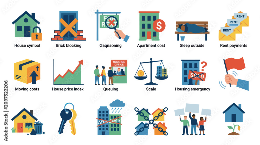 Naklejka premium Flat Design Housing Icons: Real Estate, Cost, Rent, Keys, Problems