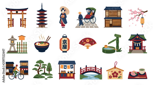 Flat Design Vector Illustration Set of Japanese Culture, Travel, and Traditional Landmark Icons and Symbols