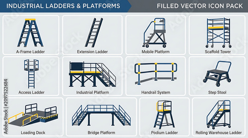 Industrial ladders and platforms for construction sites with various types of stairs and walkways are shown
