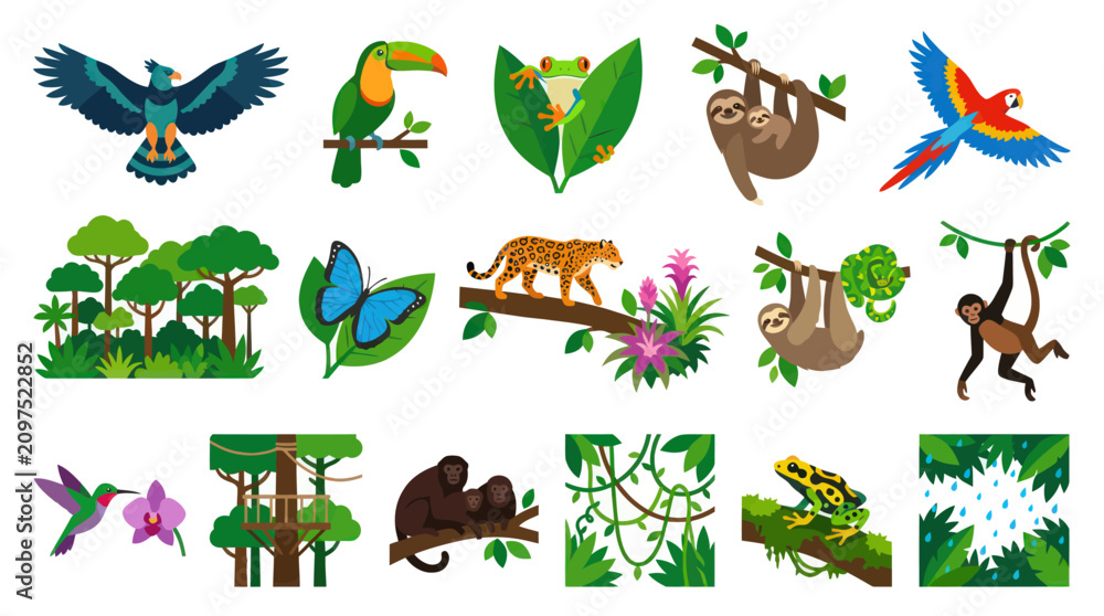 Fototapeta premium Colorful Flat Design Vector Icons Set of Tropical Rainforest Animals and Jungle Flora - Wildlife and Nature Collection