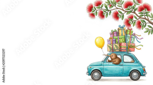Watercolor New Zealand kiwi bird driving blue vintage car with pile of birthday gifts under blooming pohutukawa tree