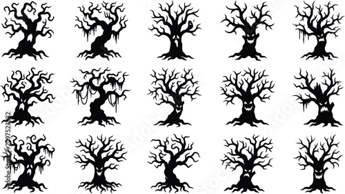 A collection of spooky haunted tree silhouettes and twisted dead trees perfect for Halloween