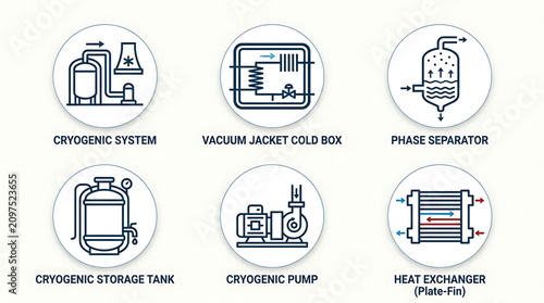 Cryogenic system components include a storage tank, pump, and heat exchanger in a laboratory setting with equipment.