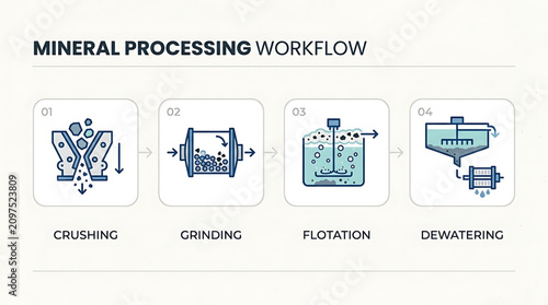 Mineral processing workflow stages including crushing grinding and flotation