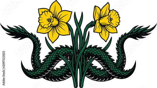 Green Dragon-like Creature with Yellow Daffodils on on a transparent background