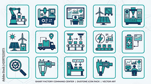 Industrial icons depict machinery and technology in a smart factory setting with equipment.
