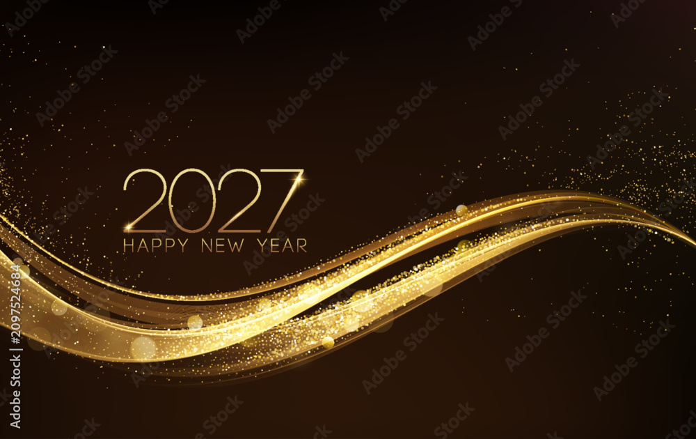 Obraz premium 2027 Happy New Year Abstract Shiny Sparkle Background. Glowing Gold Glitter Wave on Dark Background. Bokeh and Confetti Design Element for Banner, Poster, Website Christmas Decoration. Congratulations