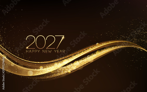 2027 Happy New Year Abstract Shiny Sparkle Background. Glowing Gold Glitter Wave on Dark Background. Bokeh and Confetti Design Element for Banner, Poster, Website Christmas Decoration. Congratulations