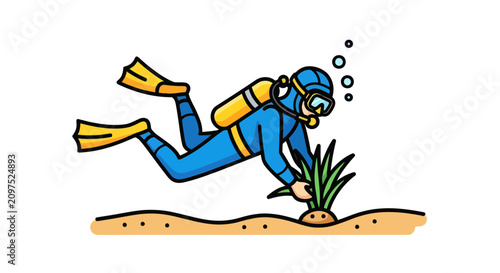 Foto Scuba diver planting seagrass for marine restoration underwater.