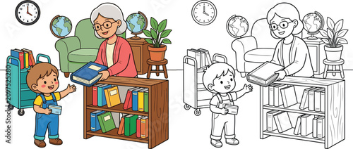 Foto librarian helping a child choose a book community helper lifestyle cartoon clipa