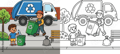 garbage collector keeping the neighborhood clean community helper lifestyle cartoon clipart and lineart print vector illustration for school student educational color coloring book