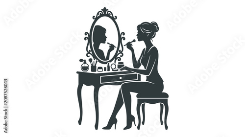 Fotografía Woman Applying Makeup Silhouette at Vanity Mirror