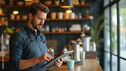 Young male business owner with tablet near counter in his cafe. Space for text.