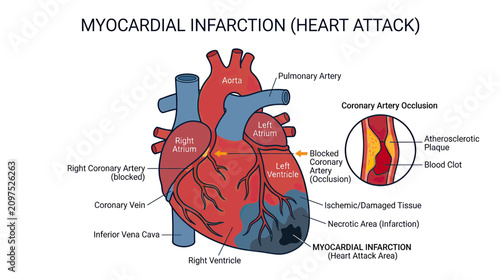 Bild auf Leinwand Myocardial Infarction (Heart Attack) Diagram: Blocked Coronary Artery