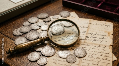 Vintage Magnifying Glass Examining Old Coins on Handwritten Letters