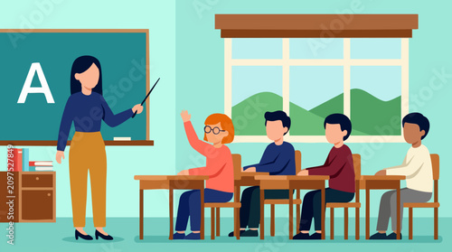 Teacher explaining alphabet to diverse students in an elementary classroom