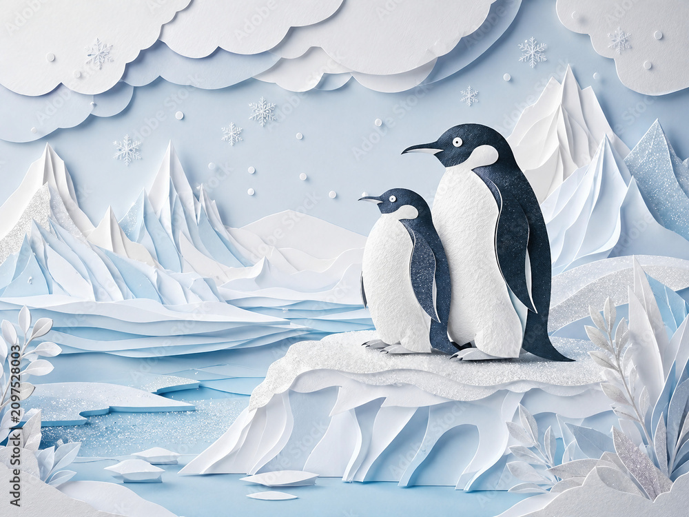 Obraz premium Adorable adult penguin and chick standing together on an icy cliff surrounded by frozen water, snow-covered mountains and snowflakes in a charming layered paper cut polar landscape.