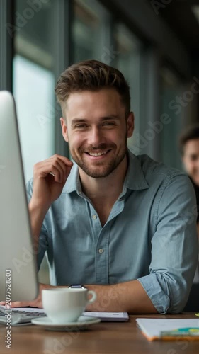 Vertical Portrait of Young Happy Businessman Using Computer in Modern Office. Stylish Handsome Manager Smiling, Working on Financial Marketing Projects. Drinking Tea or Coffee. vibecoding ai agents