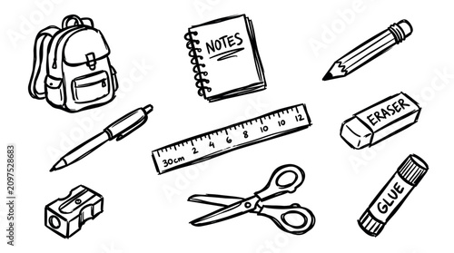 School supplies and stationery items doodle illustration set featuring various essential tools for education, learning, and creative work.