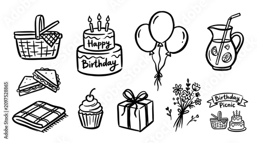 Hand drawn birthday picnic celebration elements including cake, balloons, basket, sandwiches, and gifts for festive outdoor party.
