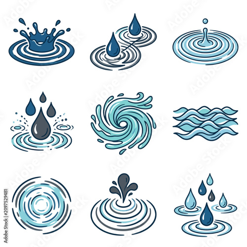 Collection of water drop splash and ripple graphic elements