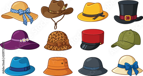 Картината върху платно Fashion hats vector illustration set featuring cowboy hat, top hat, straw sun ha