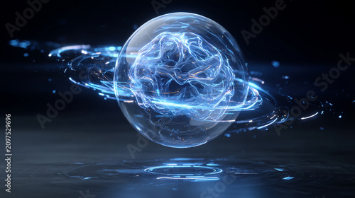 Futuristic planet with glowing energy rings in space. Sci-fi cosmic world with electric blue aura and swirling nebula effects