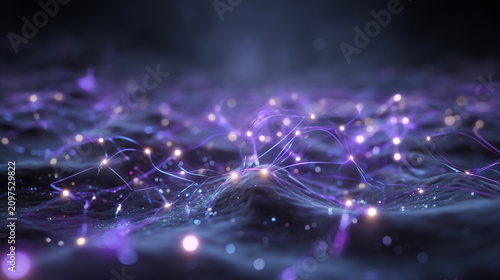 Digital network particles glowing in dark space. Futuristic data flow and technology connection concept