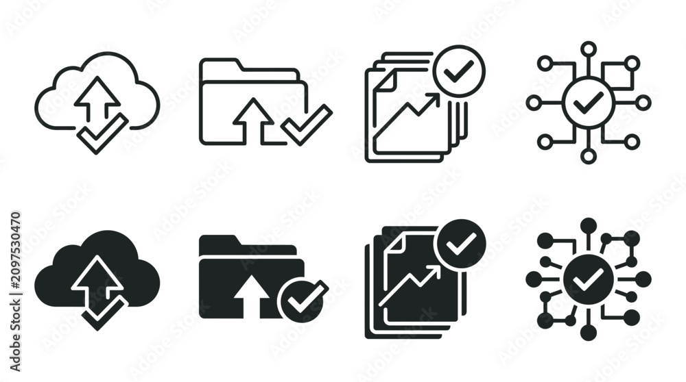 Fototapeta premium Cloud computing data upload and network connectivity icon set with analytics and folder symbols analytics computing