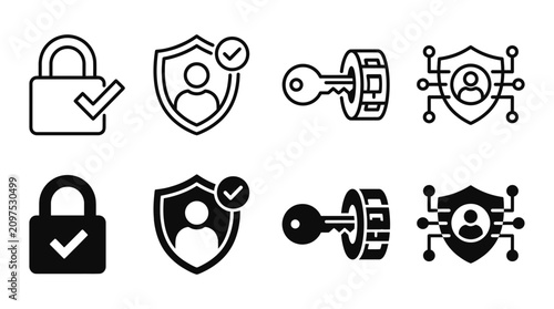 Cyber security icon set featuring digital protection shield person identity key and network access symbols, security
