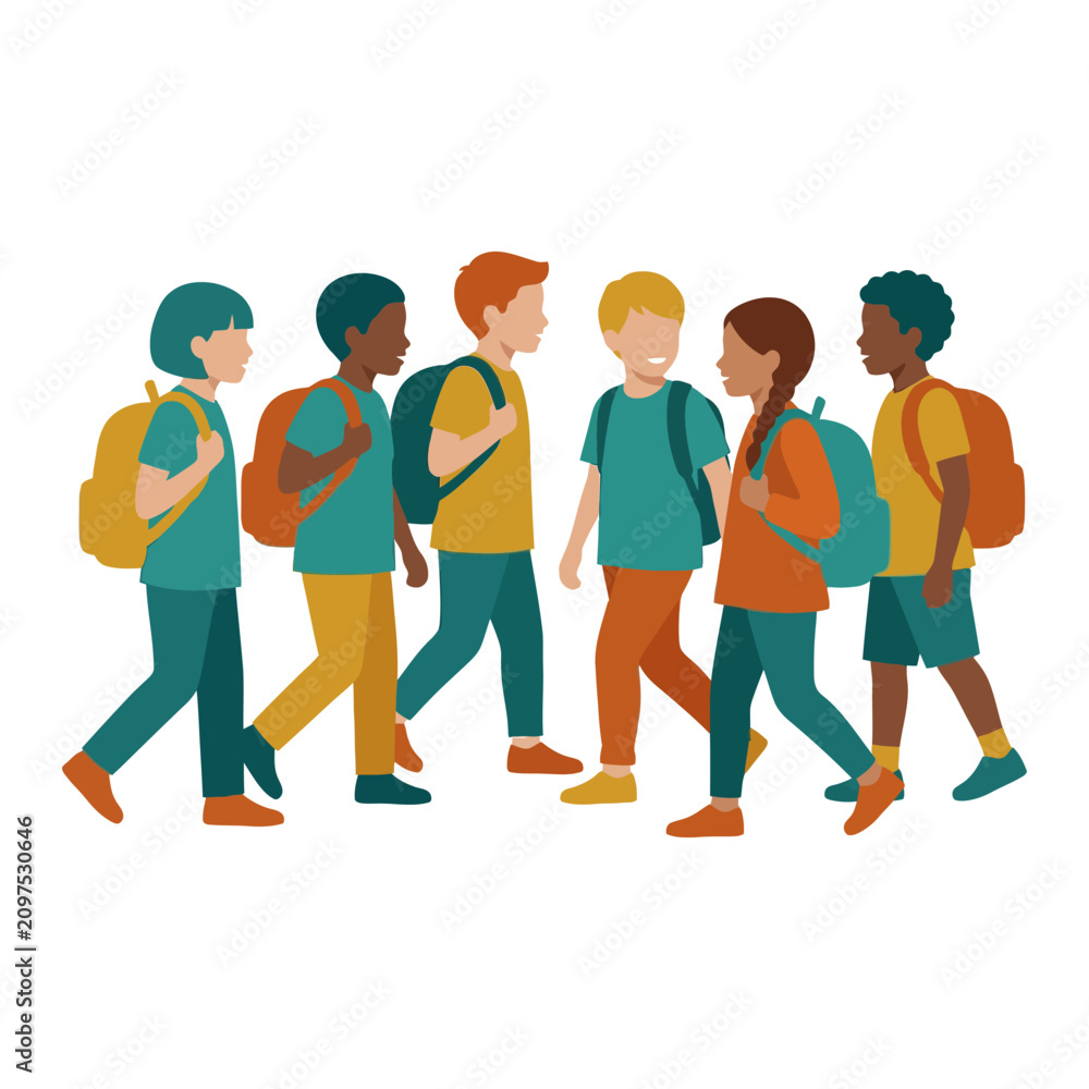 Obraz premium Diverse group of school children walking together with backpacks