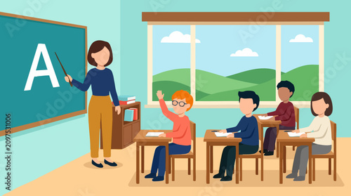 Canvas Print Teacher instructs young students in classroom, one child raises hand