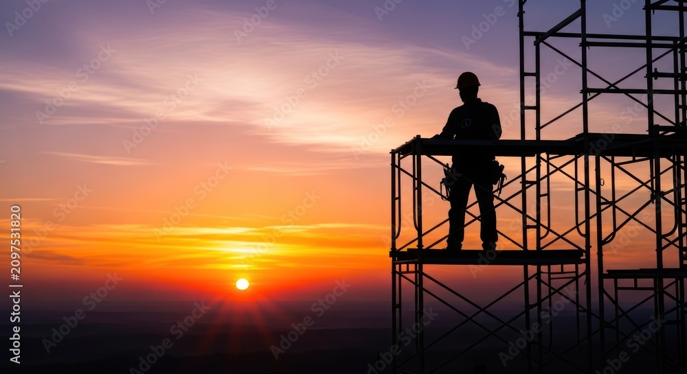 Fototapeta premium construction worker on scaffolding at sunset.