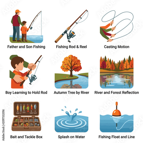 Colorful Fishing Themed Illustration Collection for Stock Media.