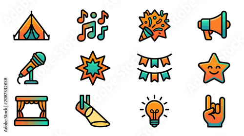 Colorful flat design icons for music and celebration events.