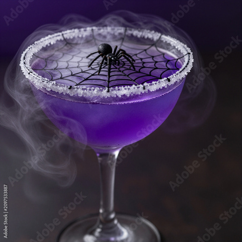 halloween drink with purple cocktail and spider decoration on web in glass spooky holiday theme