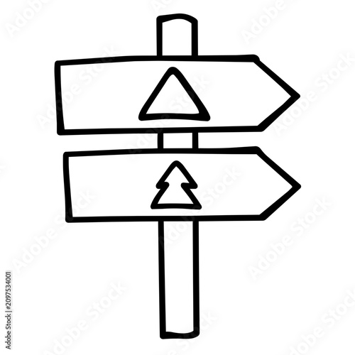 camping accesory a forest trail sign hand drawn black and white outline. Mindful summer hiking camping concept.