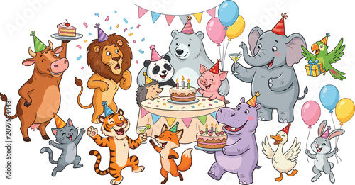 Photography Cute cartoon safari and farm animals celebrating birthday party with cake, balloons, confetti, and festive decorations vector illustration on white background