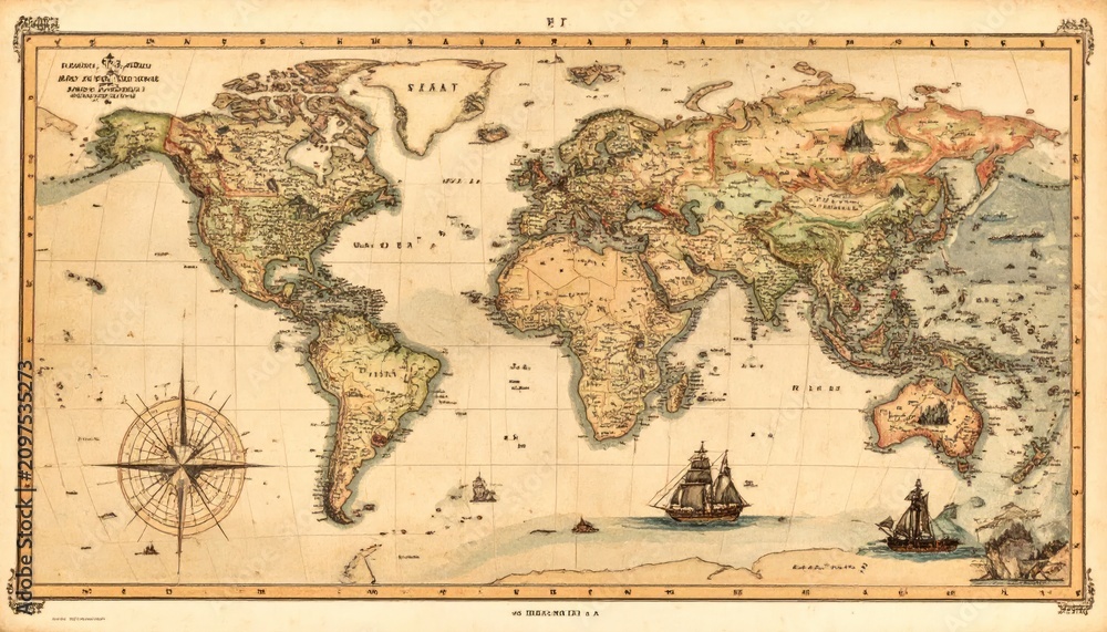 Obraz premium Antique parchment world map with classic cartography elements.