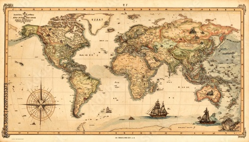 Antique parchment world map with classic cartography elements.