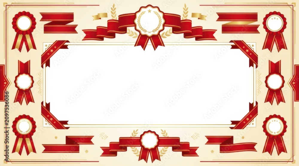 Obraz premium Certificate border frame with red ribbons and award badges