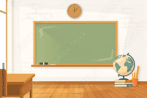 Classroom interior with a green chalkboard wooden desk globe and analog clock vector illustration school education learning blackboard geography
