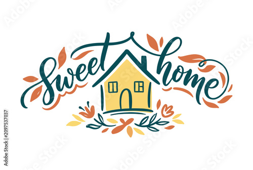 Sweet Home typography with a cozy house illustration